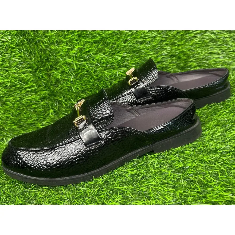Mens EU 45 US 11.5 Black Crocodile Embossed Patent Gold Bit Dress Loafer Shoes